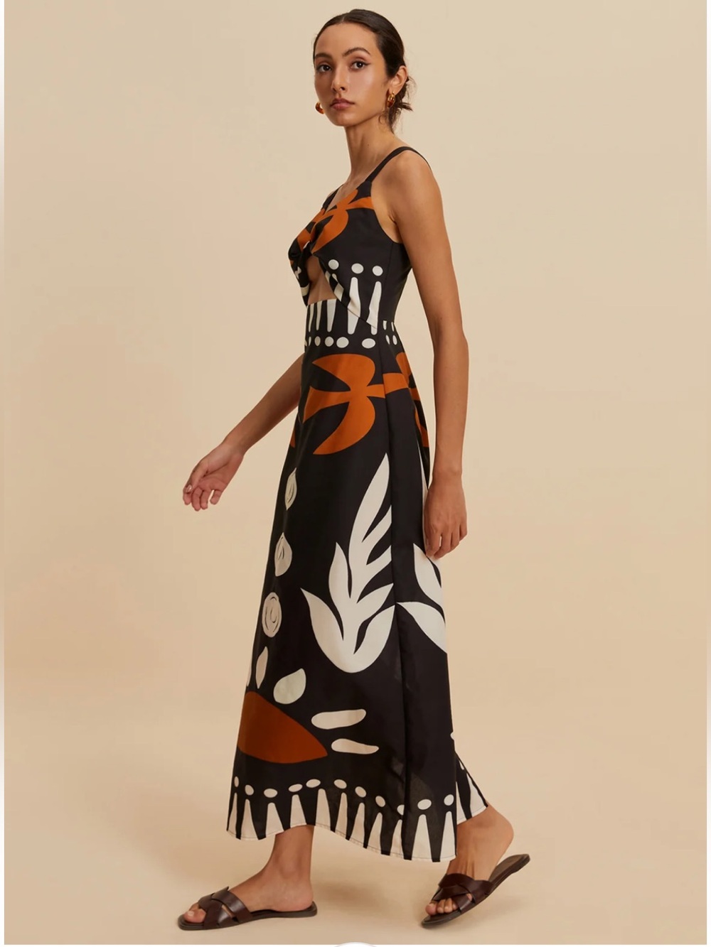NWT Commense Cutout Zipper Sleeveless Floral Dress in Black, Cream and Rust